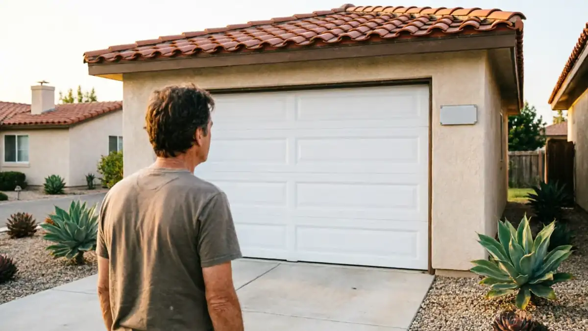 A man stands facing a white garage door on a stucco house.