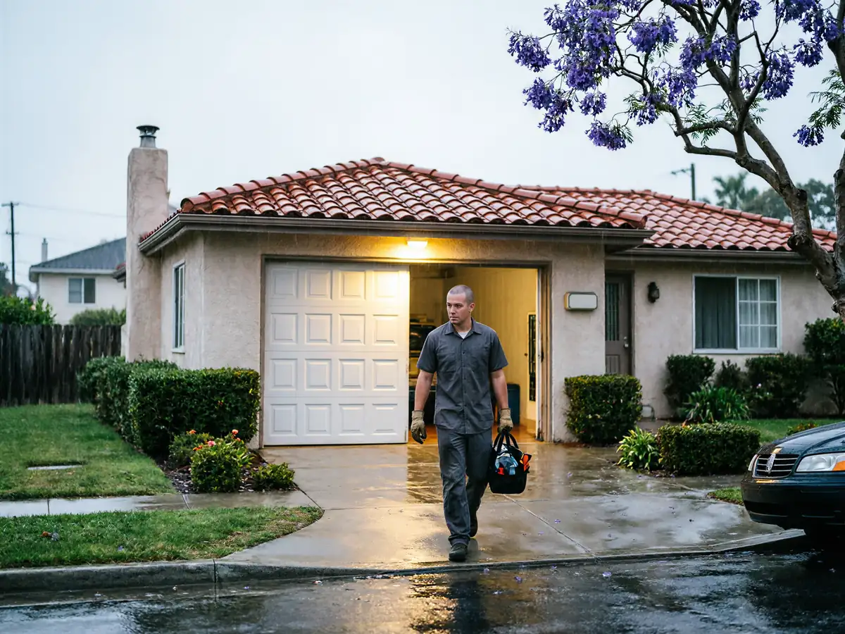A technician walks out of a garage with a toolbox on a rainy day.