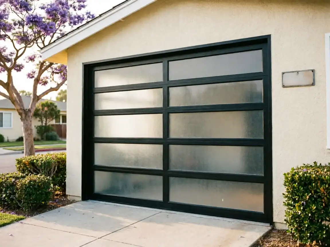 The garage door is black with frosted glass panels on a light-colored house.