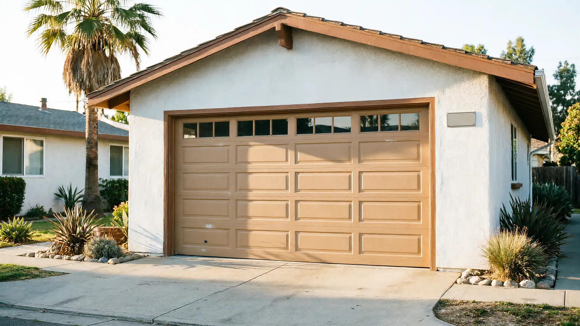 The house has a tan garage door with windows and a concrete driveway.