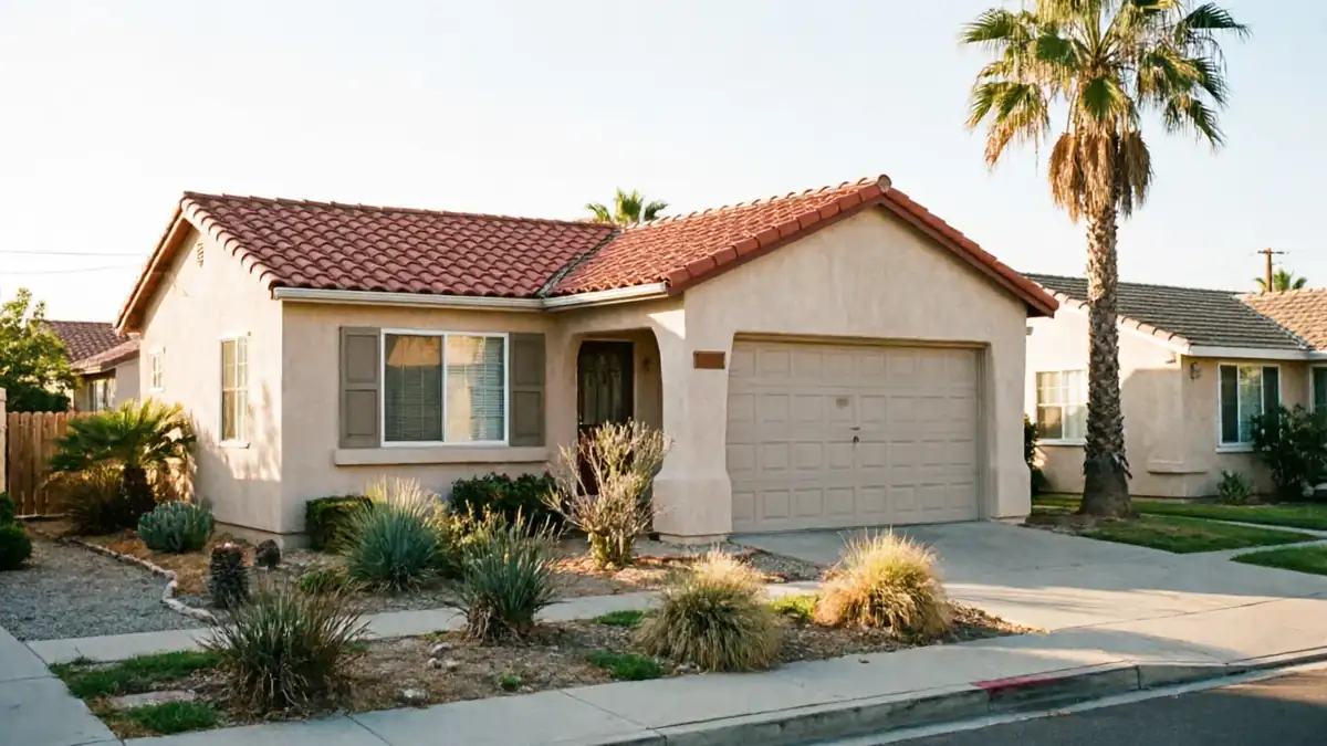 A beige house with a red tile roof and a closed beige garage door.