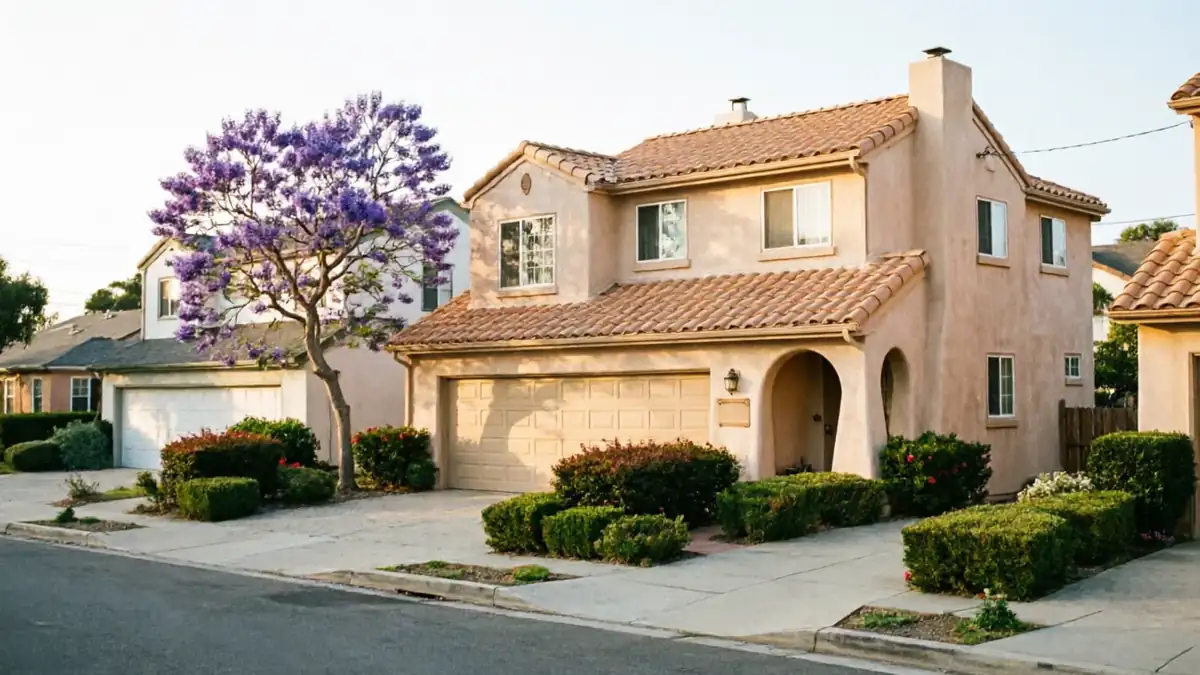 A beige house with a tan garage door and a purple flowering tree.