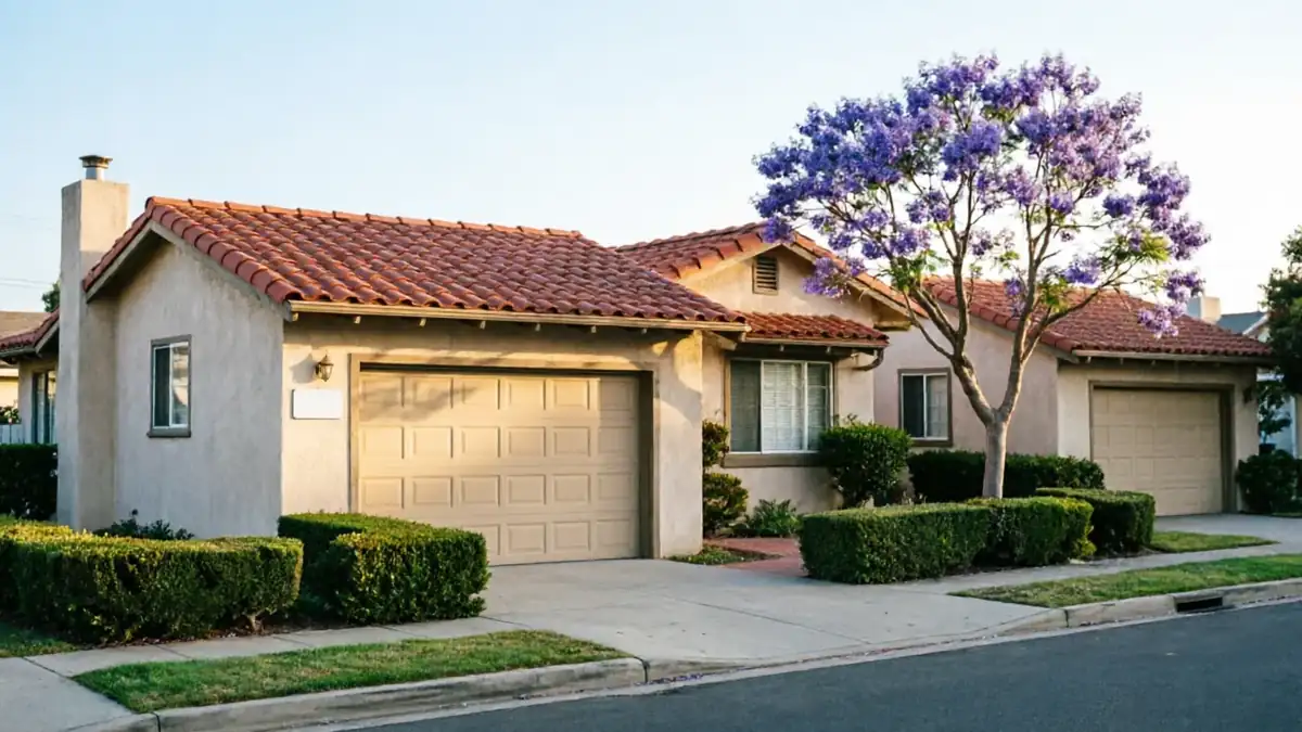 A house with two beige garage doors, a red tile roof, and a purple flowering tree.