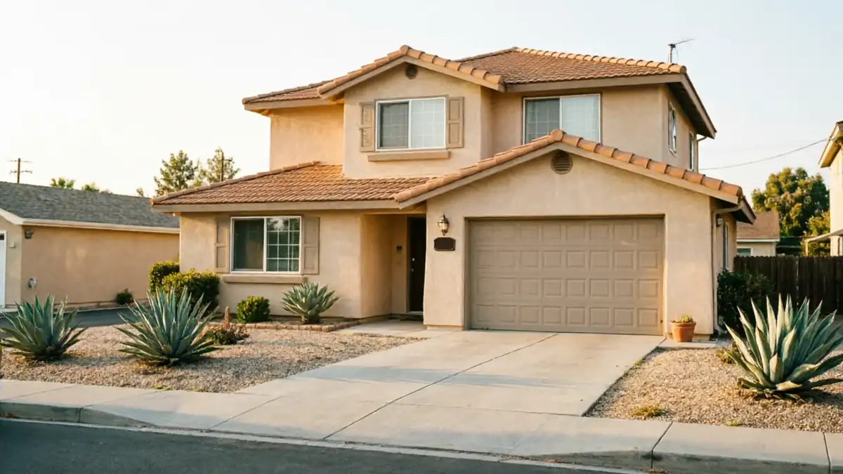 A two-story stucco house has a brown garage door and a tiled roof.