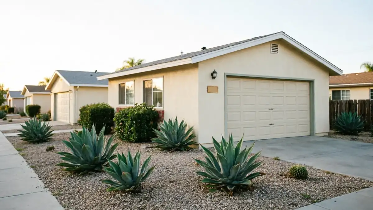 A row of single-story houses with light-colored garage doors and desert landscaping.