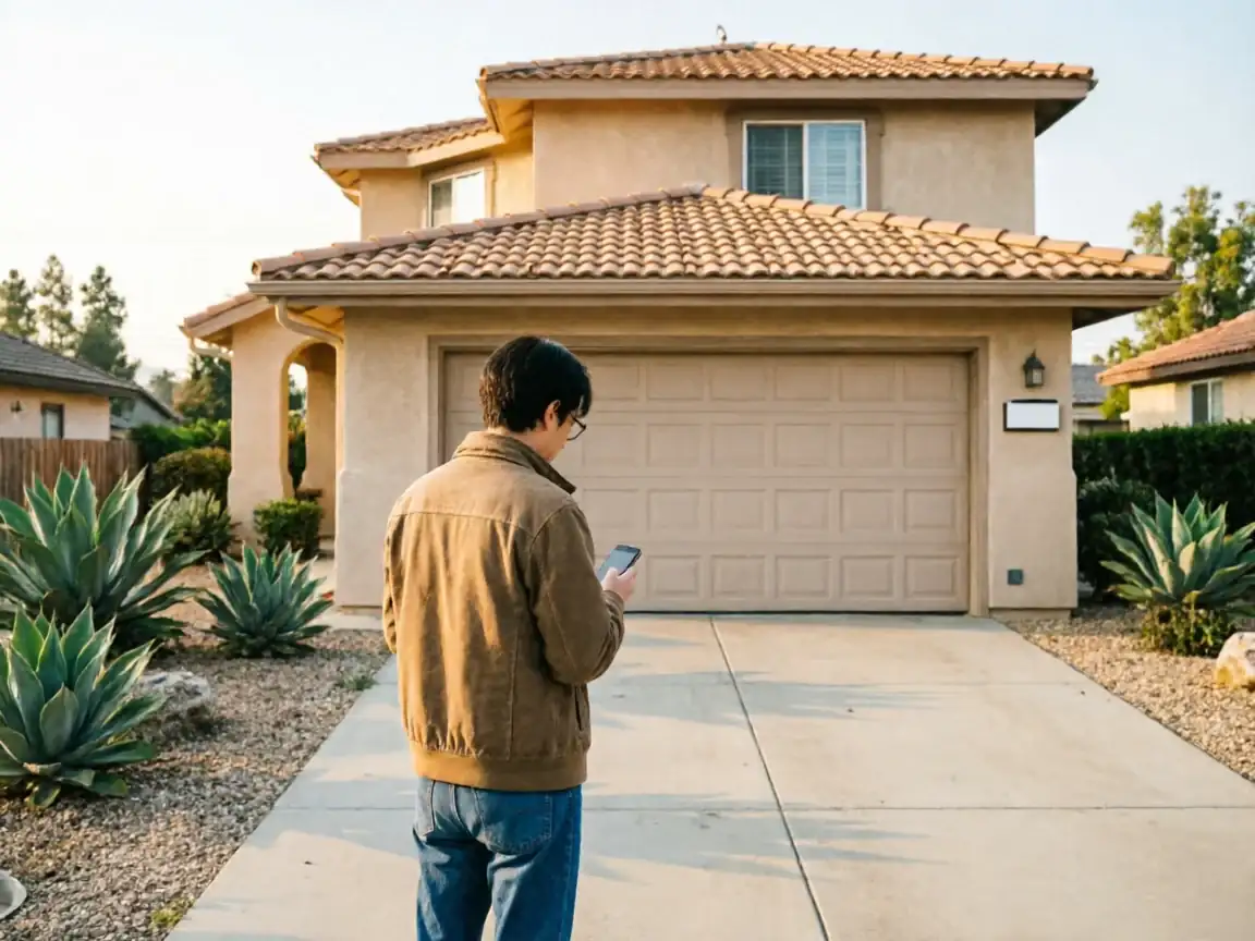 A person stands in a driveway, looking at a phone in front of a house with a garage door.