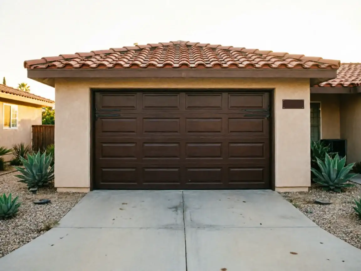 A brown garage door is on a stucco house with a red tile roof.