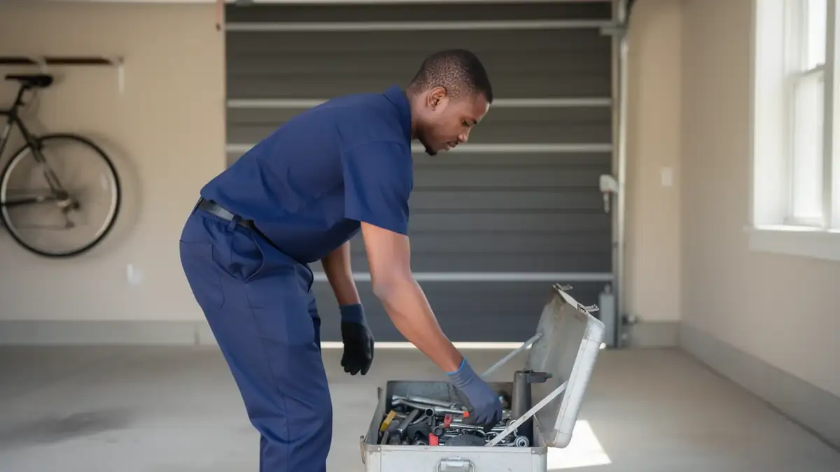 A technician in a blue uniform and gloves reaches into an open toolbox in a garage.
