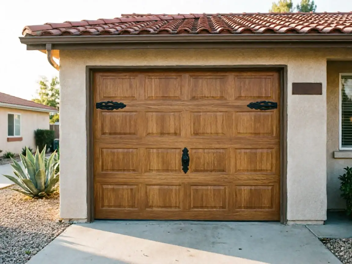 A brown wooden garage door with decorative black hardware on a stucco house.